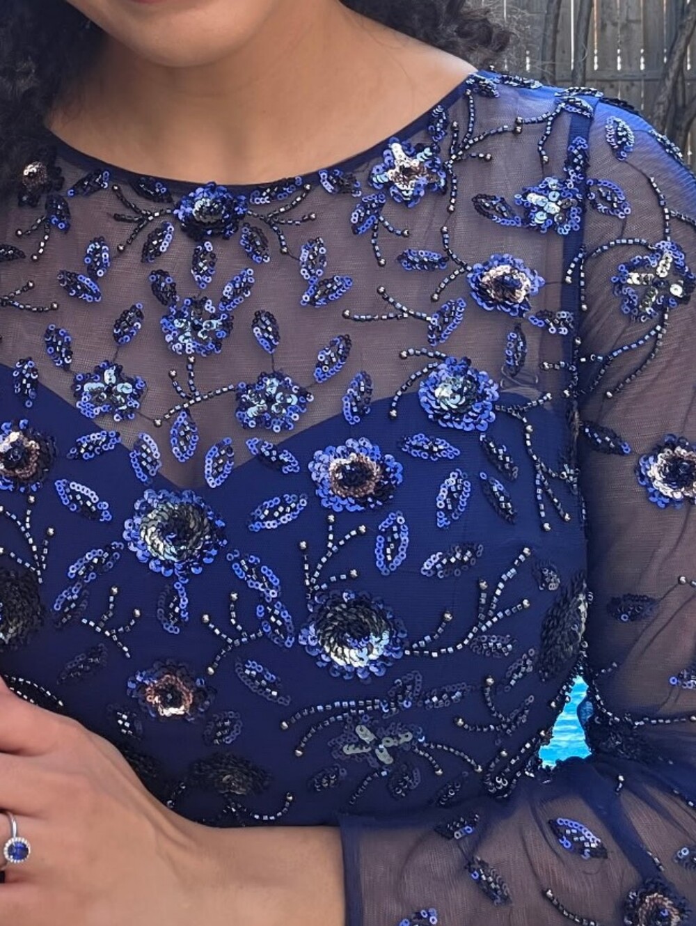 XSCAPE Long Sleeve floral Boat Neck Gown